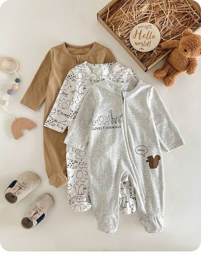 3 st Nyfödd Baby Flicka Söt Casual Stickad Rosa Blommig Långärmad Romper Pyjamas Set