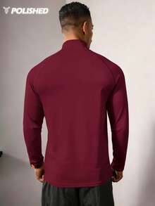 Acti Log 男士红色长袖立领运动 T 恤，采用弹性针织面料，长袖健身上衣，男士压缩上衣，氨纶衬衫，男士健身衬衫，紧身健身衬衫 - 紅色 - 查看 2