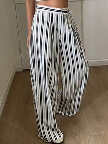 Livesso Women's Striped High Waist Wide Leg Loose Casual Pants, Winter - Black and White - View 4