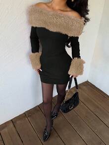 Sweetra 女式紧身露肩连衣裙，配有毛绒装饰和拼接设计迷你短款女装 - 彩色 - 查看 6