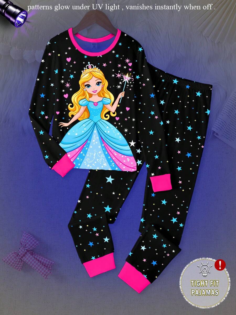 女童可爱公主印花彩色星星发光圆领针织睡衣套装，舒适休闲黑色长袖上衣和裤子，撞色滚边 - 彩色 - 查看 1