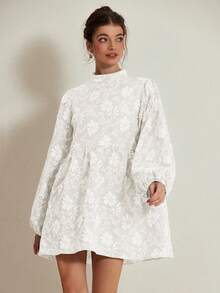 Revavyn Falda mini acampanada con mangas de linterna y textura floral elegante para mujer, otoño - Blanco - Ver 6