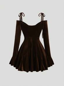 Sweetra Autumn/Winter New Sexy Off-Shoulder Spaghetti Strap Fitted Flare Sleeve Burgundy Velvet Holiday Party Dress - Chocolate Brown - View 2