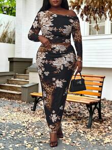 Hourglow Dollyholly86 Elegantes Pendler-Set in Große Größen mit floralem Muster, asymmetrischem Kragen, Crop-Top und Maxirock, für Herbst/Winter, für Sanduhrfigur - Schwarz - Übersicht 10