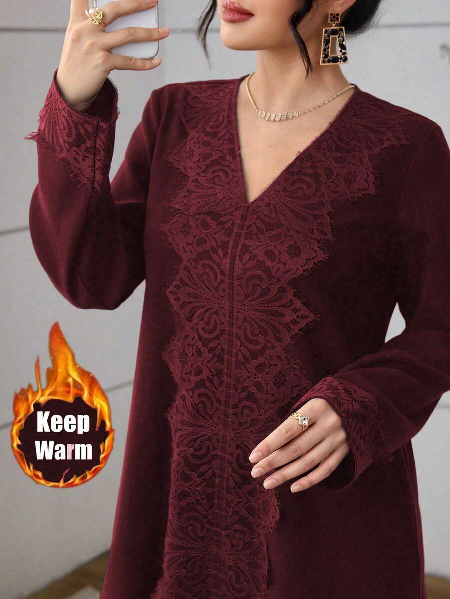 Al Najma Olive Green Lace Trim Casual Everyday Arabic Style Dress For Women - Burgundy - View 1