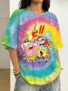 SpongeBob SquarePants | SHEIN Camiseta de manga corta con cuello redondo en tallas grandes con estampado de teñido anudado y de dibujos animados - Blanco - Ver 6