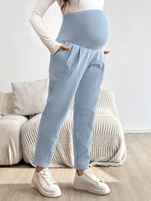 SHEIN Pregnant Women's Solid Color Pleated Pocket Fashion Pants Maternity Pants  Summer Clothes Comfy Maternity Pants Cotton Maternity Clothes Maternity Cotton Pants Pregnancy Pants - Blue - View 3