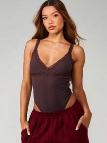 MISSGUIDED Lace Trim Plunge Neckline Bodysuit With Adjustable Straps Fitted Silhouette Lingerie Style Top For Night Casual Wear - Brown - View 1