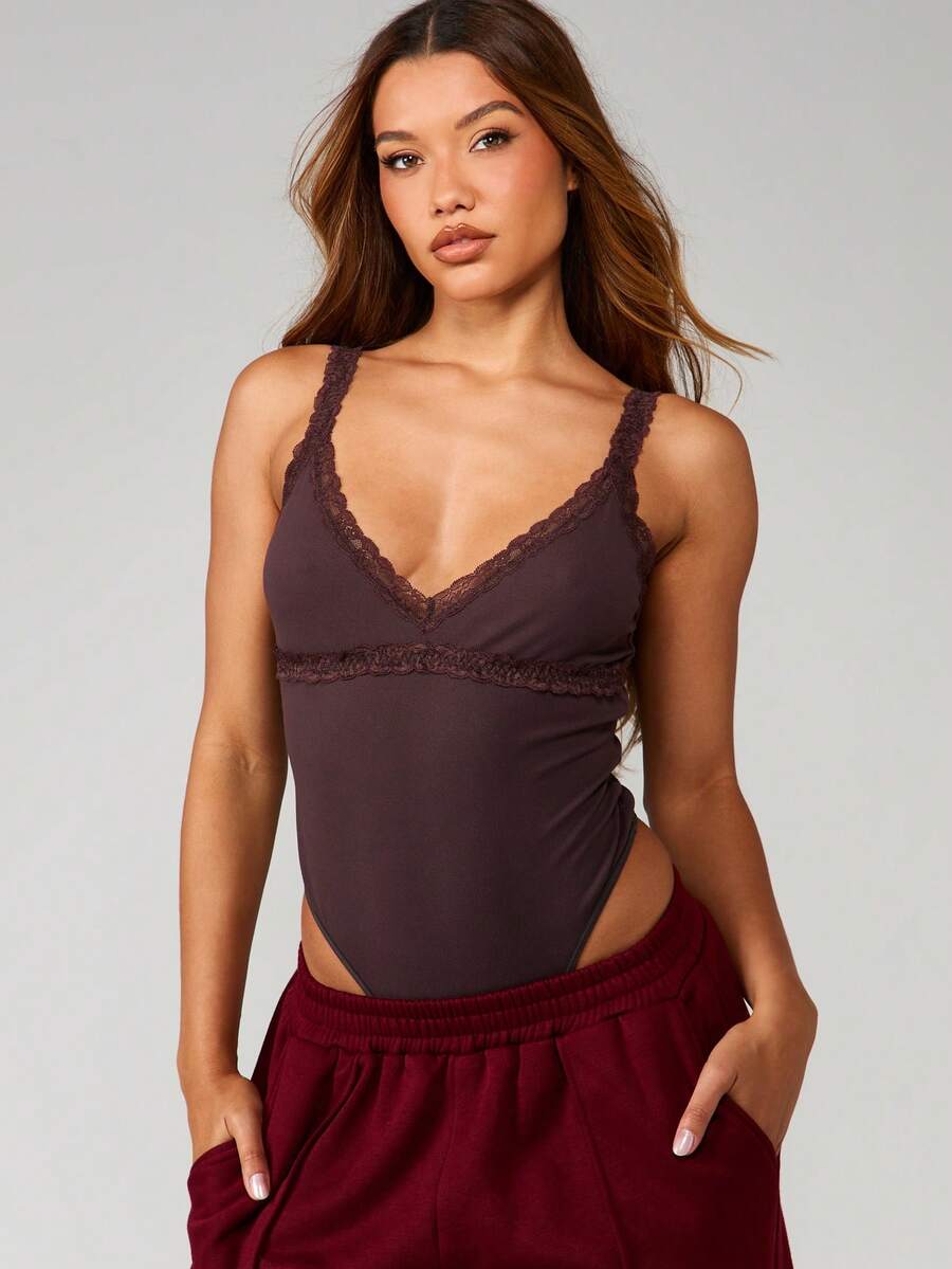 MISSGUIDED Lace Trim Plunge Neckline Bodysuit With Adjustable Straps Fitted Silhouette Lingerie Style Top For Night Casual Wear - Brown - View 1