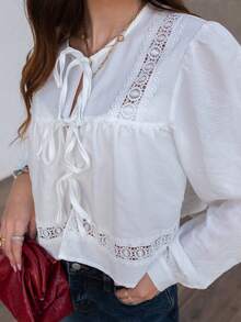 Hitanina 女式西部波西米亚纯色撞色蕾丝前系带长袖休闲衬衫 - 白色 - 查看 3