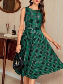 Vintamour 复古优雅女士连衣裙，带口袋和腰带，圣诞格子休闲假日连衣裙，女士冬季服装，女士冬季连衣裙，女士秋季服装，女士秋季连衣裙，女士秋季连衣裙，女士秋季连衣裙，女士圣诞服装，女士圣诞服装，女士圣诞套装，女士圣诞派对连衣裙，女士红色连衣裙 - 軍綠色 - 查看 2