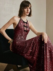 Arave Đầm dự tiệc thanh lịch cổ yếm chữ V đính sequin dành cho nữ - Đỏ - Xem 10