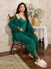 Côtesoire 女士三件套睡衣：V领蕾丝拼接镂空长袖上衣（含腰带）和吊带长裤 - 綠色 - 查看 5