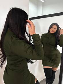 Firerie Plus Size Elegant Olive Green Autumn Long Sleeve Mini Dress, Night Out Club Ruched Turtle Neck Bodycon Dress,Curve Fitted Valentine's Day Outfit - Army Green - View 1