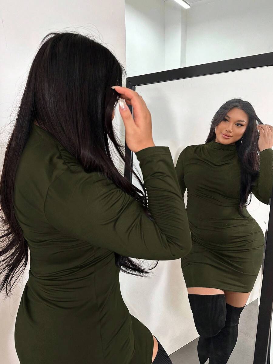 Firerie Plus Size Elegant Olive Green Autumn Long Sleeve Mini Dress, Night Out Club Ruched Turtle Neck Bodycon Dress,Curve Fitted Valentine's Day Outfit - Army Green - View 1