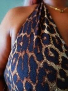 Enliva Top tipo Tank con estampado de leopardo, cuello en V sexy y cordones, para mujeres de talla grande en verano - Multicolor - Ver 4