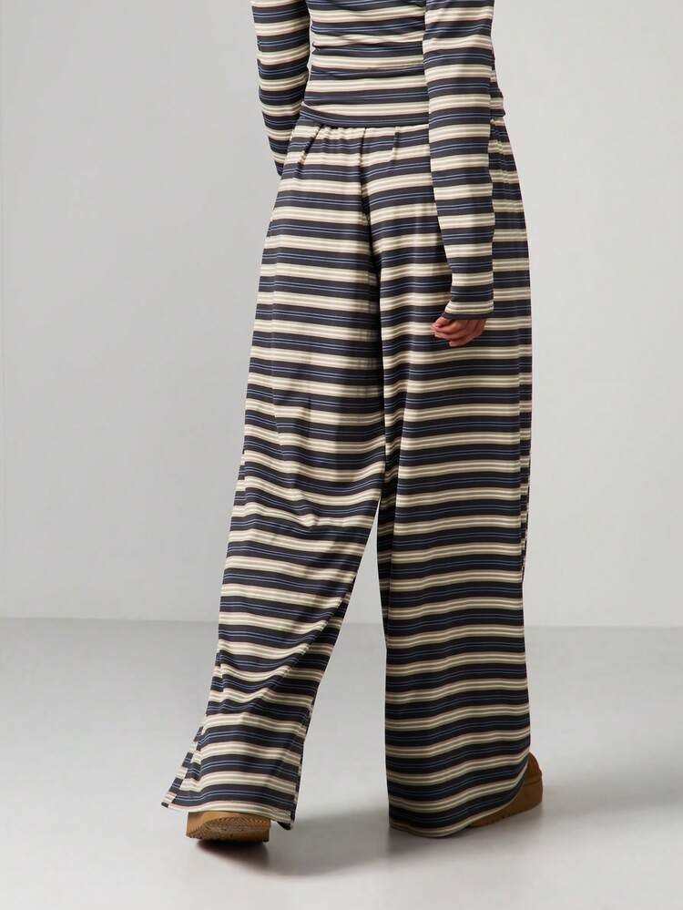 MISSGUIDED Women Striped Wide Leg Palazzo Pants With Drawstring Waist And Horizontal Multi Stripe Pattern Casual Loose Fit Full Length Trousers For Fall Winter