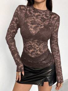 EgrlEra Women's Lace Elastic Peony Floral Sheer Sexy Blouse (Random Cut) - Chocolate Brown - View 5