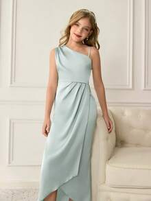 Váy dài satin một vai không đối xứng, viền trước ngắn sau dài, thích hợp cho bé gái rải hoa, đám cưới, dạ hội, tiệc sinh nhật, Giáng sinh, ngày lễ tình nhân - màu xanh lá - Xem 8