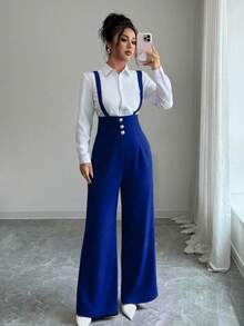 Elenzga Quần ống đứng thanh lịch lãng mạn dành cho nữ có dây đeo ở eo và nút cài trang trí - Xanh đậm - Xem 5