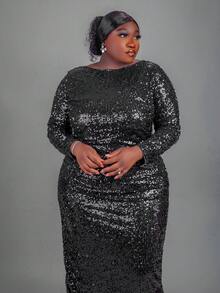 CurvyTilda 大码女式时尚派对亮片露背长袖连衣裙/秋冬 - 黑色 - 查看 5