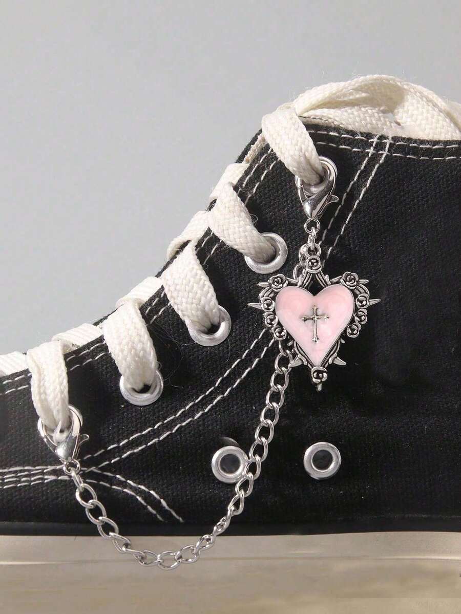 ROMWE 1pc Vintage Gothic Flame Cross Chain, Metal Heart Decor Chain, Crossbody Bag Strap Pendant, Suitable For Decorating Boots - Pink - View 1