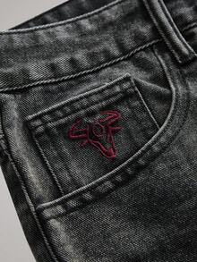 Officeau 男士水洗浅蓝色直筒牛仔裤，宽松版型，复古Y2K风格，简约百搭，春夏皆宜 - 深灰色 - 查看 4