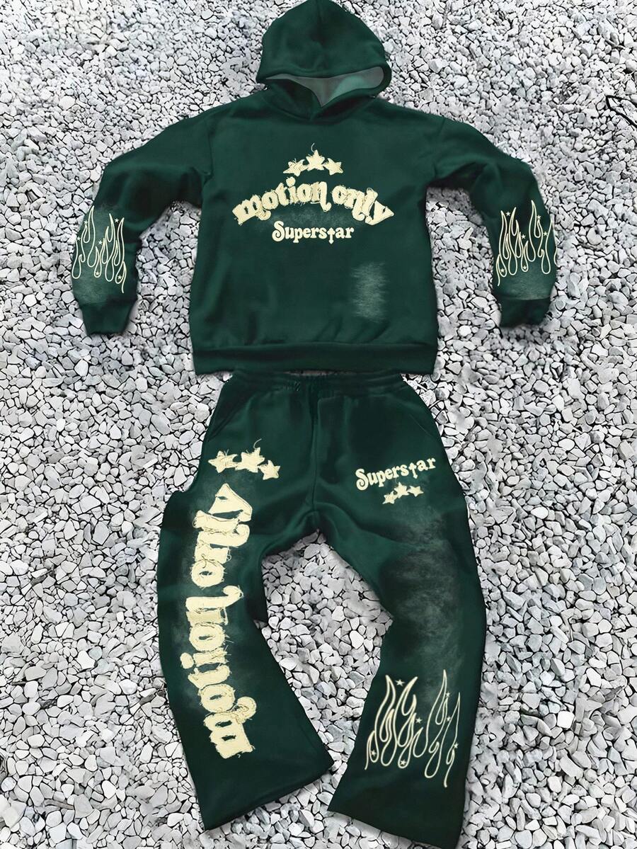 SHEIN Teen Boy Casual Minimalist Autumn New Y2K Hiphop Style Star, Flame, Cool English Letter Graphic Hoodie & Flare Pants Set - Multicolor - View 1