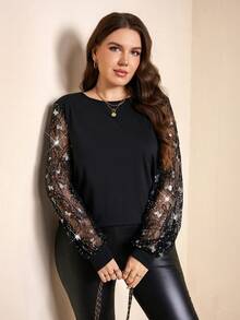 SHEIN LUNE Áo kiểu dáng thanh lịch dành cho nữ cỡ lớn, chất liệu ren xuyên thấu, tay phồng, đính sequin, màu đen, kiểu dáng thường ngày, ID AI-Adha, thích hợp cho ngày Valentine hoặc kỳ nghỉ xuân. - màu đen - Xem 6