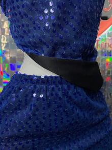 Conjunto de 2 piezas de top halter asimétrico de lentejuela de unicolor y minifalda sexy - Azul - Ver 3