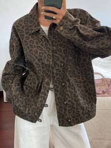 DAZY 女士豹纹落肩单排扣休闲牛仔外套