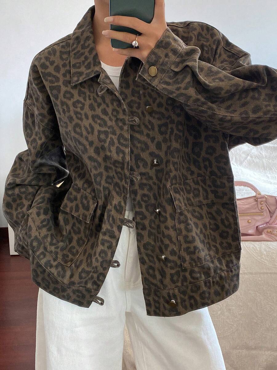 DAZY 女士豹纹落肩单排扣休闲牛仔外套