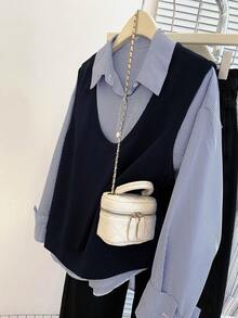 Resyla 2 件女士休闲/办公室通勤条纹印花长袖衬衫和背心套装，春秋