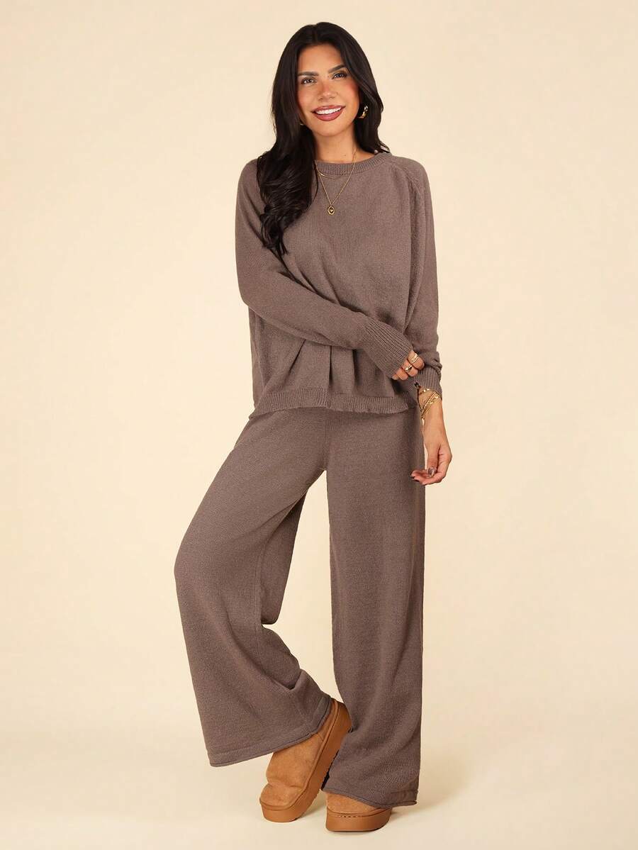 Coeurva Women's Casual Solid Color Oblique Shoulder Loose Knit Sweater And Pants Set, Autumn/Winter Brown Knit Set Two Piece Set Women Comfy Brown 2 Piece Set Brown Sweater And Pants Set Two Piece Lounge Set Comfortable Two Piece Set Brown Outfit Brown Matching Set,Fall,Fall Clothes For Women - Coffee Brown - View 1