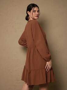 Freevana 大码女式纯色撞色蕾丝V领灯笼袖优雅连衣裙波西米亚风女装乡村西部风 - 紅木色 - 查看 3