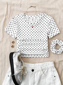 Tween Girl Polka Dot Fitted Casual Crew Neck Short Sleeve T-Shirt With Side Ruffle And Hair Scrunchie - Black and White - View 8