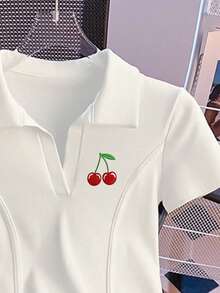 Resyla Áo thun nữ tay ngắn cổ chữ V họa tiết thêu quả anh đào - trắng - Xem 6