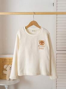 Girls Cute Bear Plaid Flannel Cozy Pajama Set - Apricot - View 5