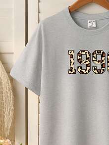 SHEIN Tween-Mädchen Kurzarm-T-Shirt mit Rundhalsausschnitt, Leopardenmuster (1990er Jahre), lässiges Alltags-Outfit, vielseitig, minimalistischer Stil, geeignet für Frühling und Sommer - Grau - Übersicht 4