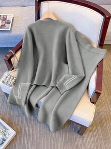 SHEIN Franclia 女士条纹长袖针织开衫和针织裤休闲两件套 - 灰色 - 查看 2