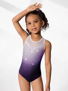 2pcs/Set Young Girls' Gymnastics Leotard And Shorts Set, Cute Printed & Rhinestone Decor, Suitable For Casual, Sports, Competition - Blue - View 3