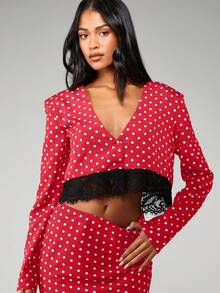 MISSGUIDED 波点两件套，蕾丝边纽扣上衣搭配长裙，女士套装 - 酒紅色 - 查看 4
