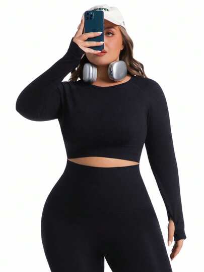 Rhythm Era Conjunto de top y leggings de talla grande para mujer, de unicolor, cuello redondo, manga larga, sin costuras, ajustado, para fitness y deportes