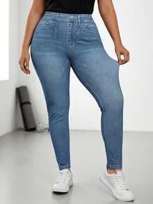 INAWLY 女士休闲经典牛仔蓝纹理舒适修身打底裤 - 藍色 - 查看 4