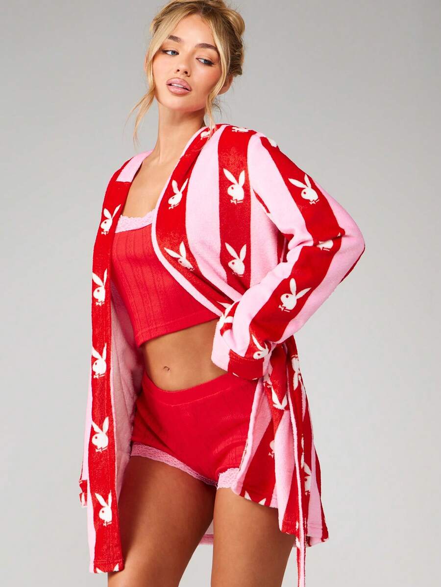 Missguided x Playboy 超大条纹兔子印花连帽短款睡袍，配腰带，休闲服 - 彩色 - 查看 1