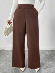 SHEIN PETITE CURVE 大码纯色纽扣休闲裤，适合通勤、秋冬季穿着 - 棕色 - 查看 3