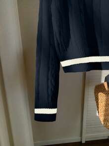 Franclia Suéter de cuello de polo tejido con bordado de cabeza de caballo y ribete de contraste, de estilo minimalista y de manga larga