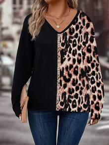 EMERY ROSE Plus Size V-Neck Asymmetric Leopard Print Patchwork Black Print T-Shirt, Fashionable Casual - Multicolor - View 3