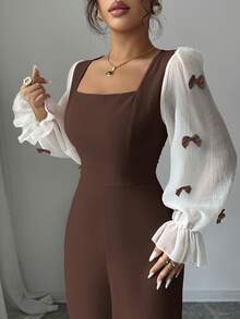 Modelyn Mono elegante de mujer con bloques de color, patchwork y decoración de lazo para uso diario - Marrón - Ver 4