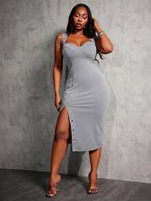 SHEIN SXY فستان حفلات أنيق وجذاب للمرأة البدينة، بحمالات واسعة، تزيين بالفتحات، ضيق، شق عالي، أسود - رمادي - مشاهدة 5